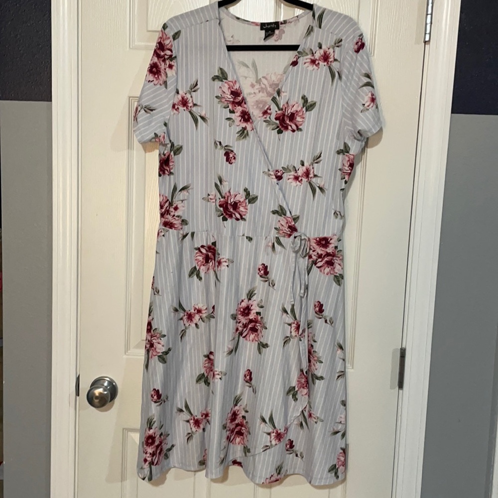 PLUS SIZE Justify Pink Floral and Light Blue Pin-Stripped Dress